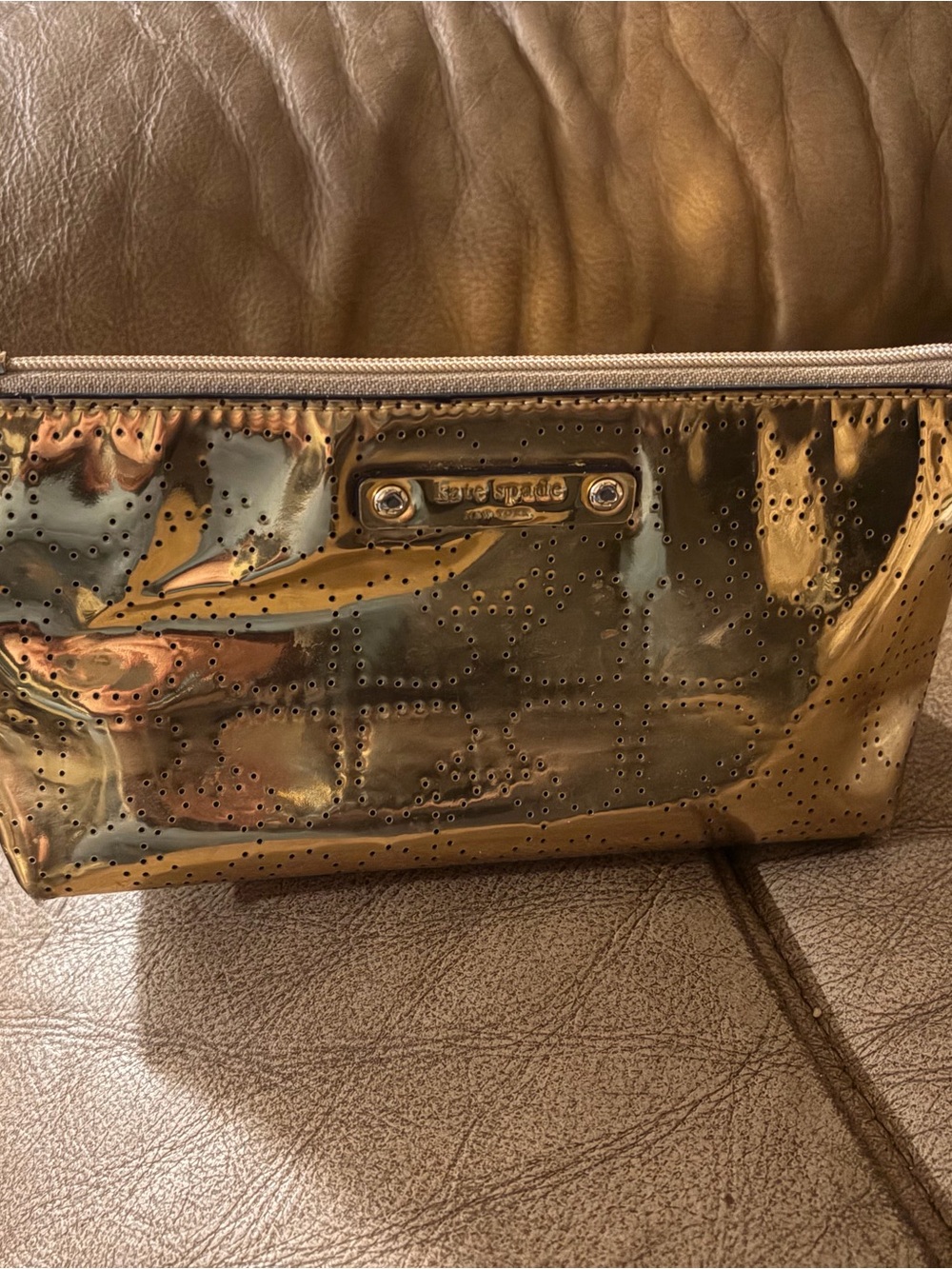 kate spade Metallic Gold Perforated Cosmetic Pouch